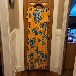 Yellow and turquoise mock wrap around dress from emerald
